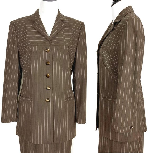 ESCADA Pinstripe Brown Wool Suit Blazer & Skirt Career Business Sz 42-44 (8-10) - Picture 2 of 16
